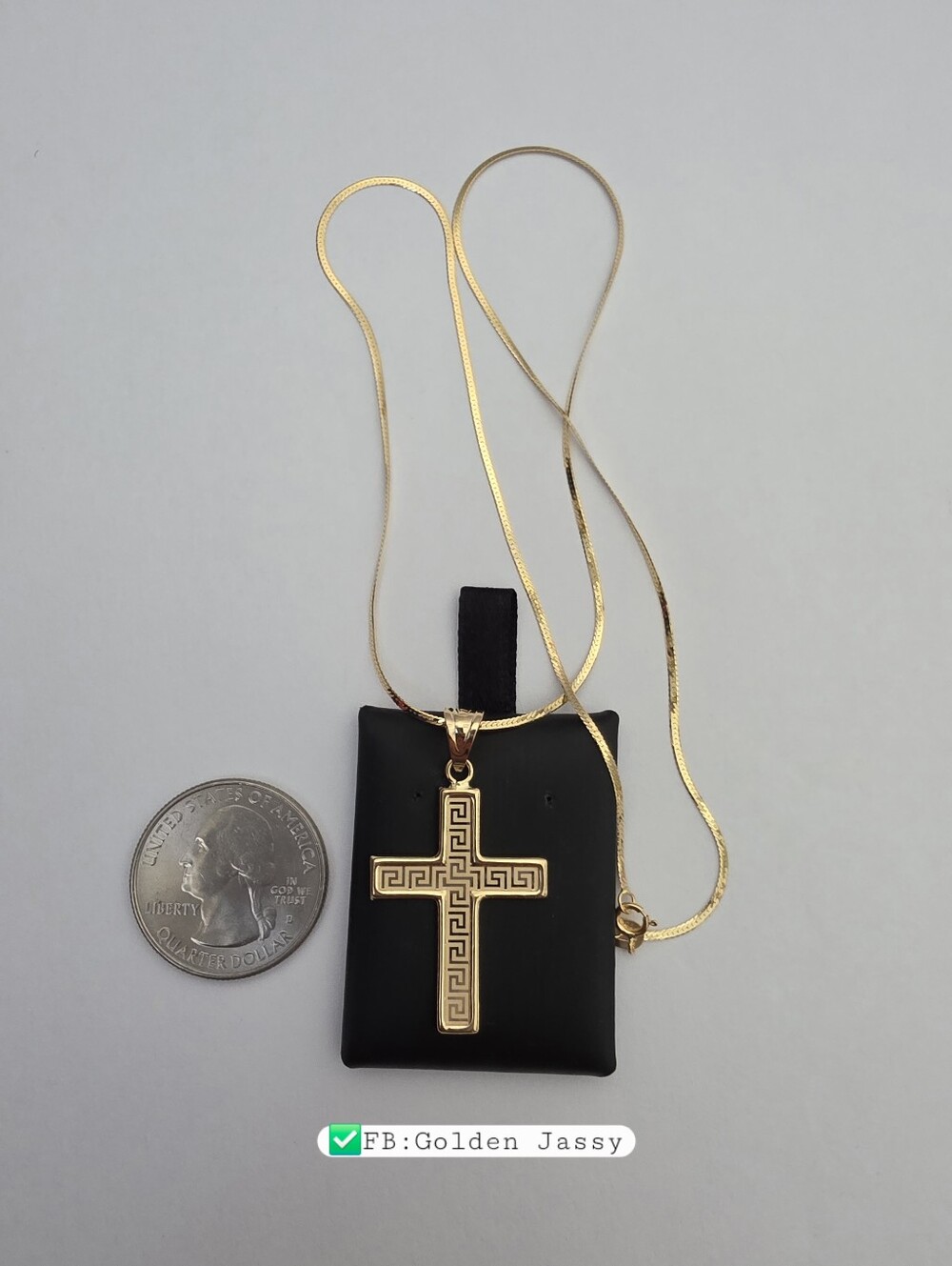 18K Real Gold Cross Flat Necklace 17.5"